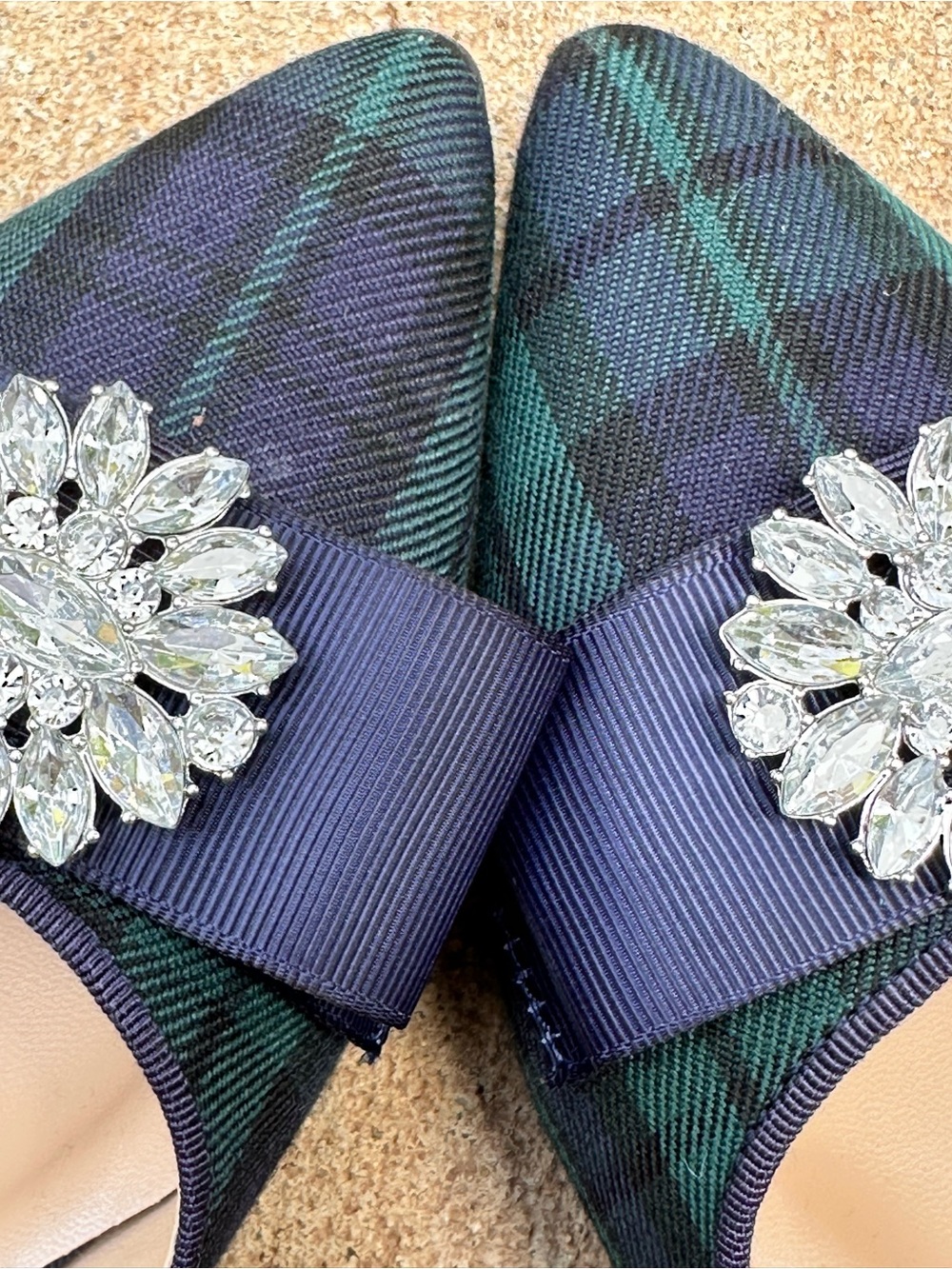 crown & ivy Navy and Green Plaid Pointed Toe Flats with Crystal Accents